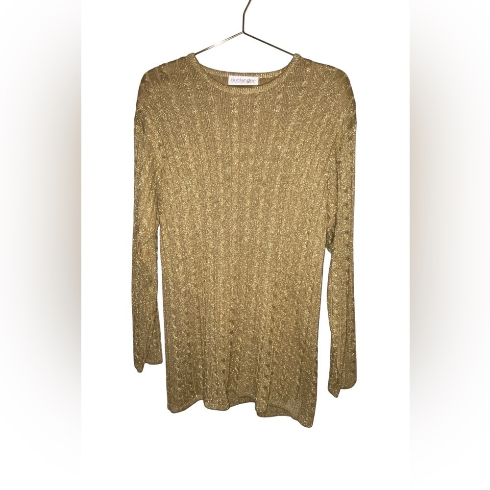 Vintage Outlander and Gold Shimmer Cable Knit Long Sweater Size Large P2P 18"